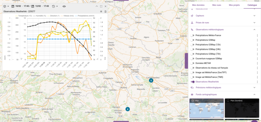 Données météo d'une station WeatherLink sur la plateforme géospatiale Kalisio Maps